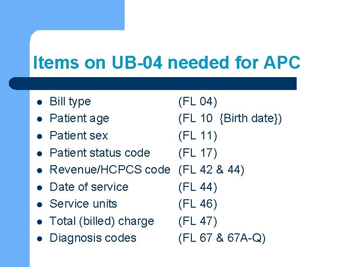 Items on UB-04 needed for APC l l l l l Bill type Patient
