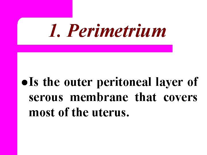 1. Perimetrium l Is the outer peritoneal layer of serous membrane that covers most