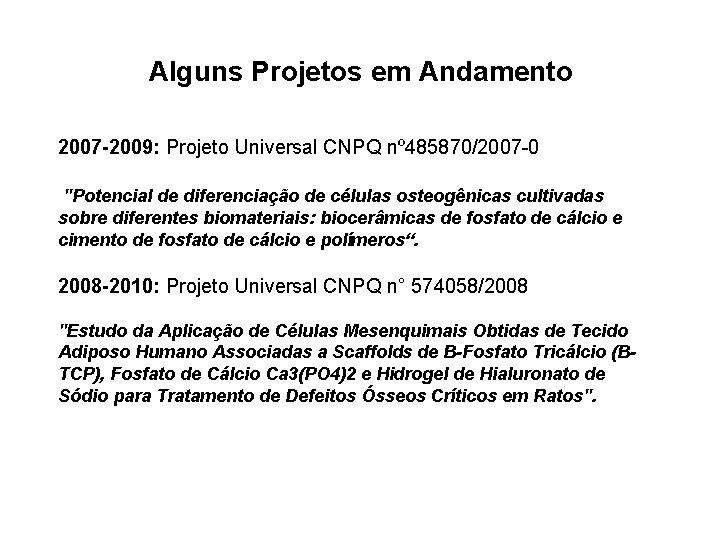 Alguns Projetos em Andamento 2007 -2009: Projeto Universal CNPQ nº 485870/2007 -0 "Potencial de