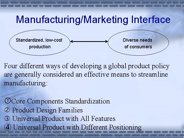  Manufacturing/Marketing Interface Standardized, low-cost production Diverse needs of consumers Four different ways of