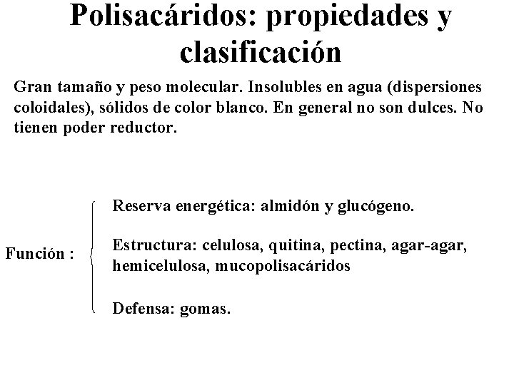 Polisacáridos: propiedades y clasificación Gran tamaño y peso molecular. Insolubles en agua (dispersiones coloidales),