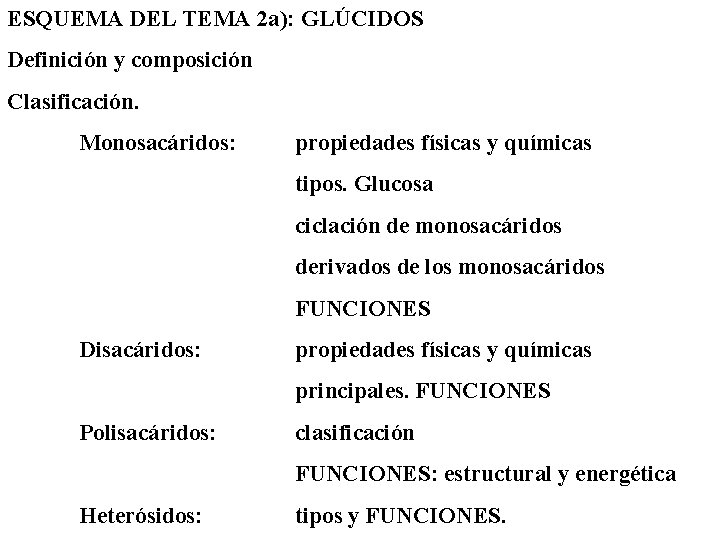 ESQUEMA DEL TEMA 2 a): GLÚCIDOS Definición y composición Clasificación. Monosacáridos: propiedades físicas y