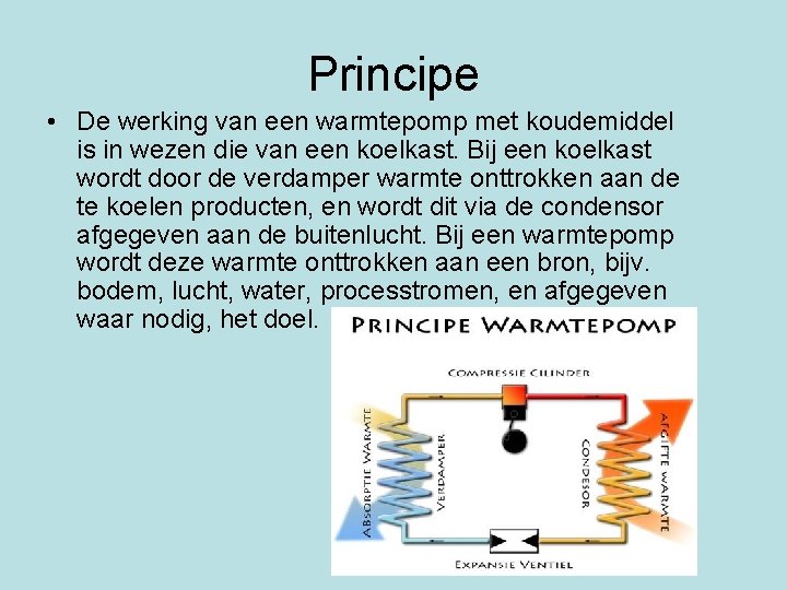 Principe • De werking van een warmtepomp met koudemiddel is in wezen die van