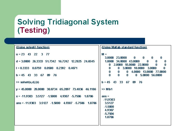 Solving Tridiagonal System (Testing) (Using solvet() function) (Using Matlab standard function) u = 23 Solving Tridiagonal System (Testing) (Using solvet() function) (Using Matlab standard function) u = 23