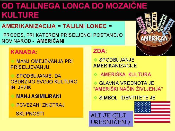 OD TALILNEGA LONCA DO MOZAIČNE KULTURE AMERIKANIZACIJA = TALILNI LONEC = PROCES, PRI KATEREM