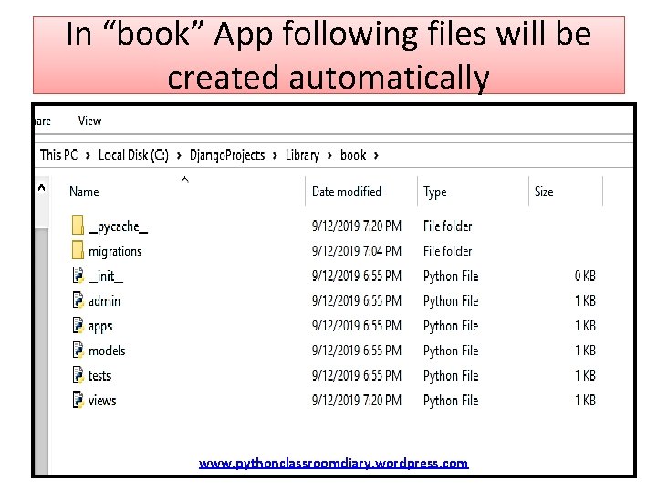 In “book” App following files will be created automatically www. pythonclassroomdiary. wordpress. com 