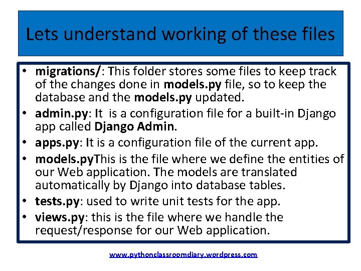 Lets understand working of these files • migrations/: This folder stores some files to