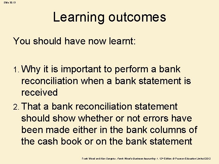 Slide 30. 13 Learning outcomes You should have now learnt: 1. Why it is
