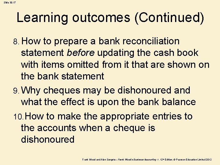 Slide 30. 17 Learning outcomes (Continued) 8. How to prepare a bank reconciliation statement