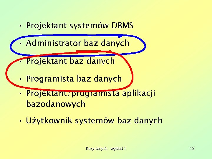  • Projektant systemów DBMS • Administrator baz danych • Projektant baz danych •