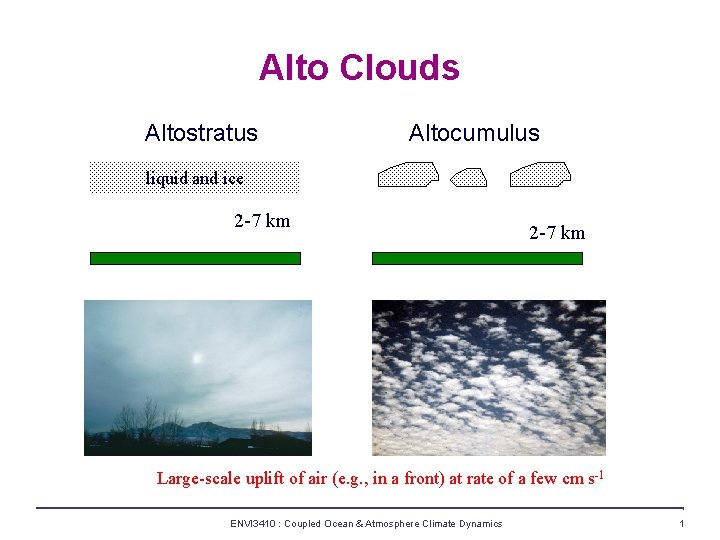 Alto Clouds Altostratus Altocumulus liquid and ice 2 -7 km Large-scale uplift of air