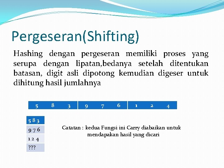 Pergeseran(Shifting) Hashing dengan pergeseran memiliki proses yang serupa dengan lipatan, bedanya setelah ditentukan batasan,