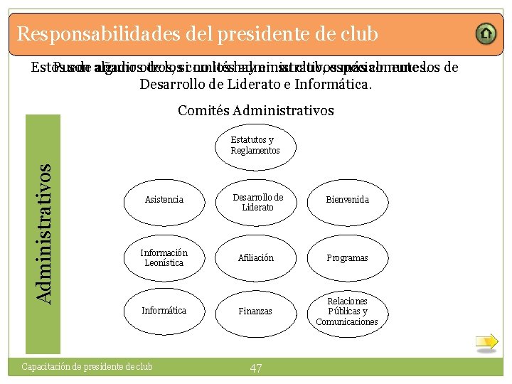 Responsabilidades del presidente de club Estos son algunos de los comités administrativos más comunes.