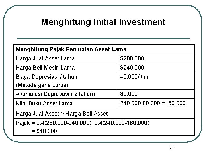 Menghitung Initial Investment Menghitung Pajak Penjualan Asset Lama Harga Jual Asset Lama $280. 000