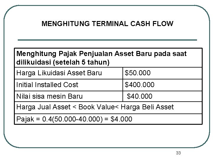 MENGHITUNG TERMINAL CASH FLOW Menghitung Pajak Penjualan Asset Baru pada saat dilikuidasi (setelah 5