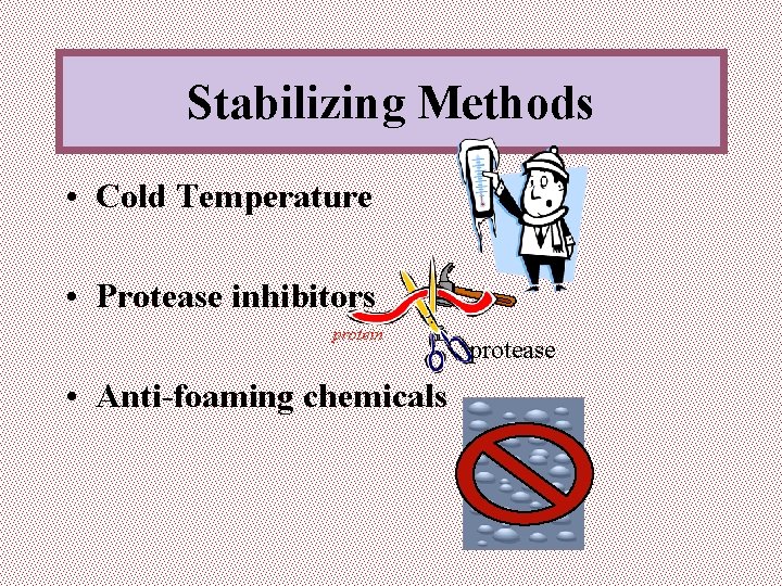 Stabilizing Methods • Cold Temperature • Protease inhibitors protein • Anti-foaming chemicals protease 