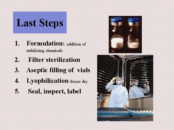 Last Steps 1. Formulation: addition of stabilizing chemicals 2. Filter sterilization 3. Aseptic filling