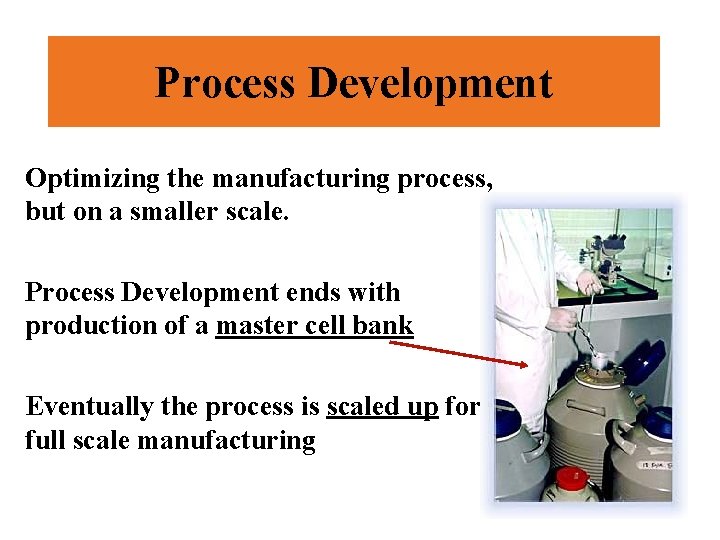 Process Development Optimizing the manufacturing process, but on a smaller scale. Process Development ends
