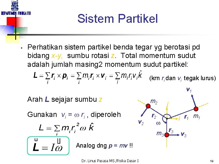 DEPARTMEN FISIKA ITB § Sistem Partikel Perhatikan sistem partikel benda tegar yg berotasi pd