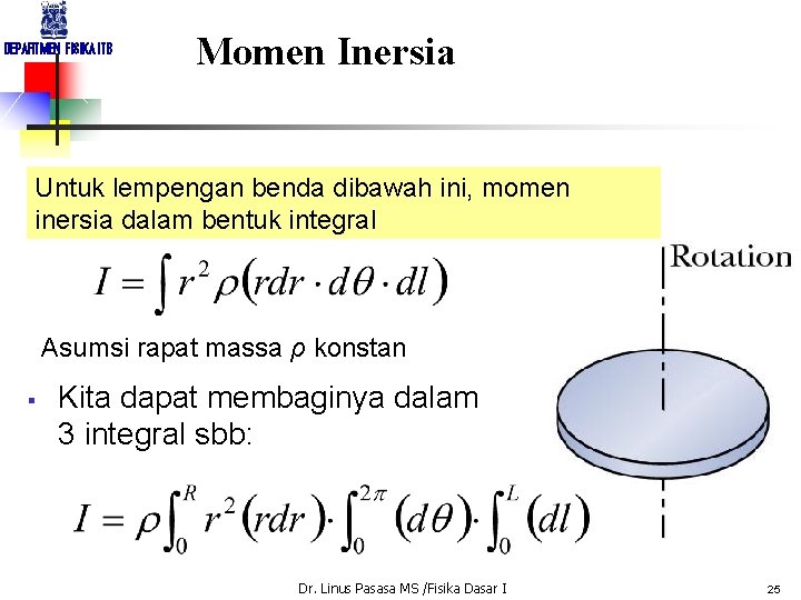DEPARTMEN FISIKA ITB Momen Inersia Untuk lempengan benda dibawah ini, momen inersia dalam bentuk