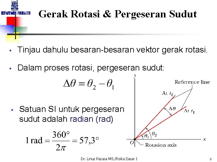 DEPARTMEN FISIKA ITB Gerak Rotasi & Pergeseran Sudut § Tinjau dahulu besaran-besaran vektor gerak