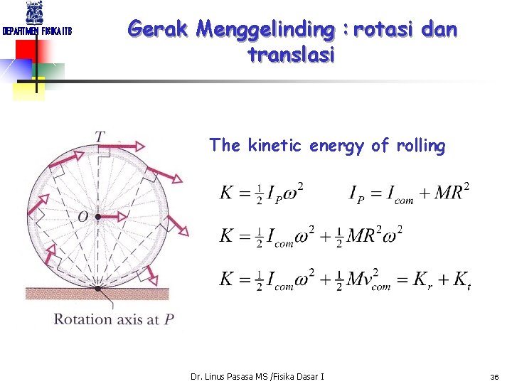 DEPARTMEN FISIKA ITB Gerak Menggelinding : rotasi dan translasi The kinetic energy of rolling