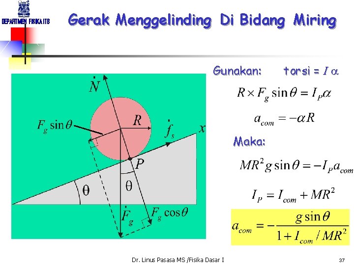 DEPARTMEN FISIKA ITB Gerak Menggelinding Di Bidang Miring Gunakan: torsi = I a Maka: