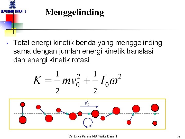 DEPARTMEN FISIKA ITB § Menggelinding Total energi kinetik benda yang menggelinding sama dengan jumlah