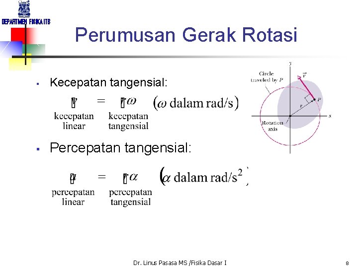 DEPARTMEN FISIKA ITB Perumusan Gerak Rotasi § Kecepatan tangensial: § Percepatan tangensial: Dr. Linus