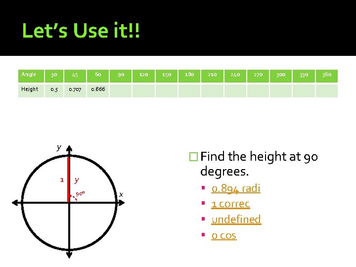 Let’s Use it!! Angle 30 45 60 Height 0. 5 0. 707 0. 866