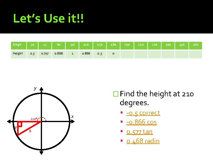 Let’s Use it!! Angle 30 45 60 90 120 150 180 Height 0. 5