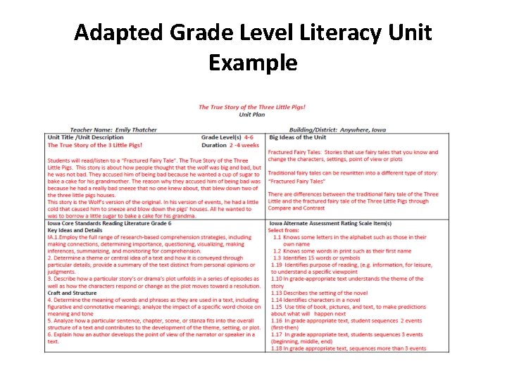 Adapted Grade Level Literacy Unit Example 