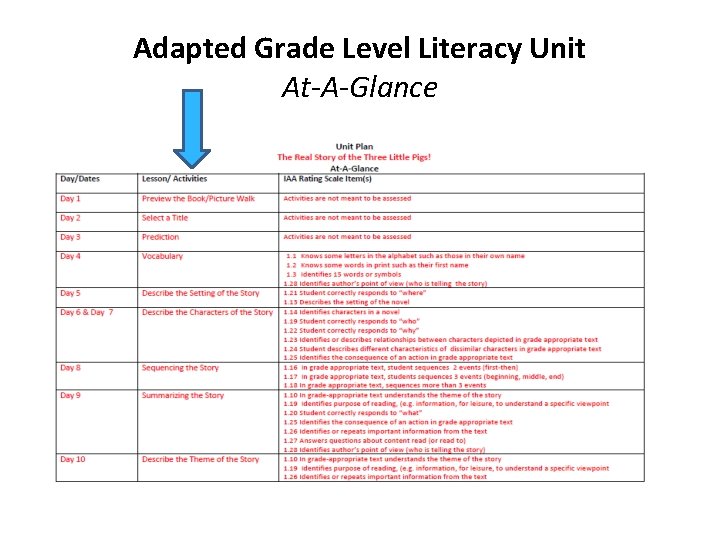 Adapted Grade Level Literacy Unit At-A-Glance 