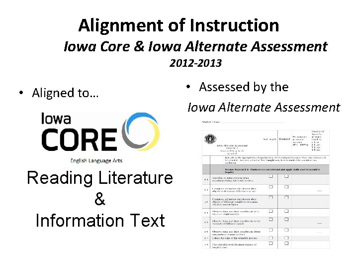 Alignment of Instruction Iowa Core & Iowa Alternate Assessment 2012 -2013 • Aligned to…