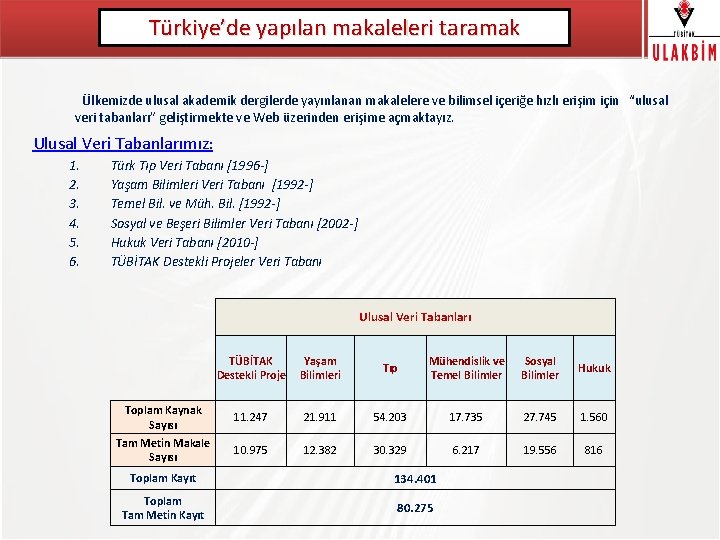 Türkiye’de yapılan makaleleri taramak TÜBİTAK Ülkemizde ulusal akademik dergilerde yayınlanan makalelere ve bilimsel içeriğe