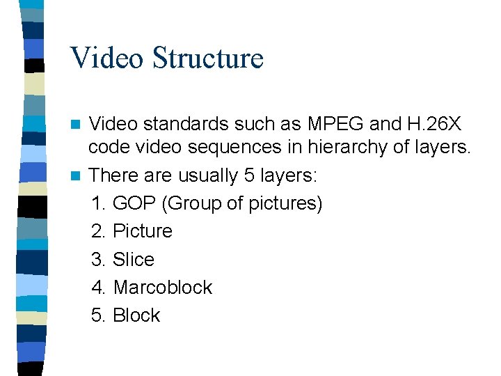 Video Structure Video standards such as MPEG and H. 26 X code video sequences