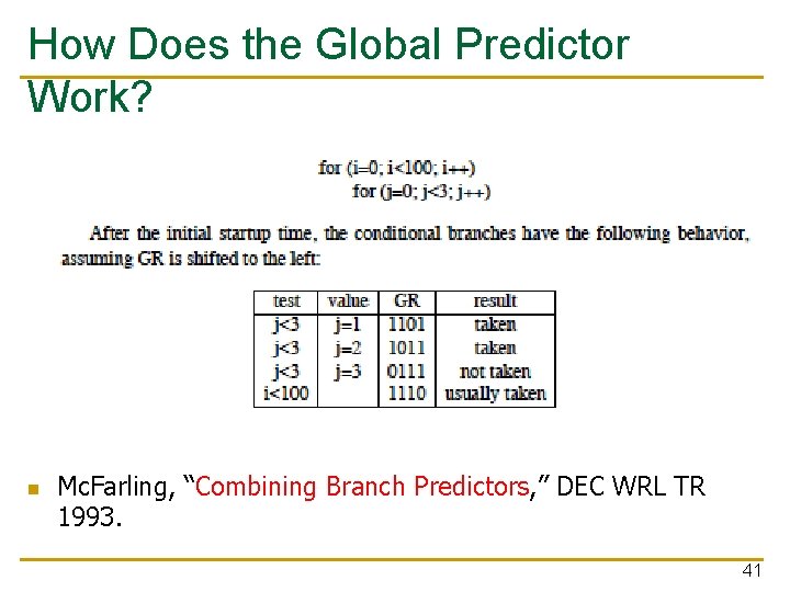 How Does the Global Predictor Work? n Mc. Farling, “Combining Branch Predictors, ” DEC