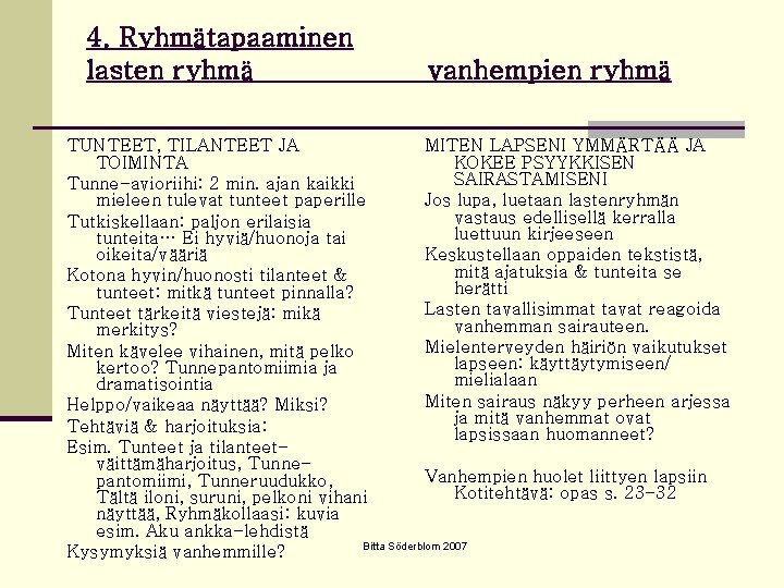 4. Ryhmätapaaminen lasten ryhmä vanhempien ryhmä TUNTEET, TILANTEET JA MITEN LAPSENI YMMÄRTÄÄ JA TOIMINTA