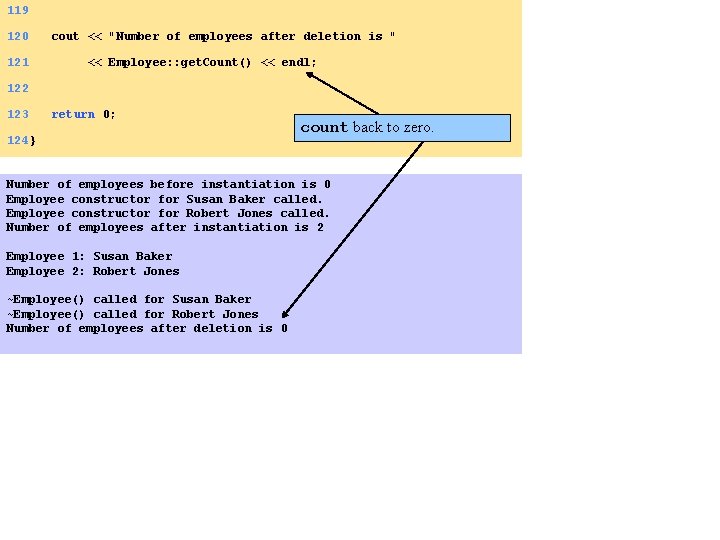 119 120 cout << "Number of employees after deletion is " 121 << Employee: