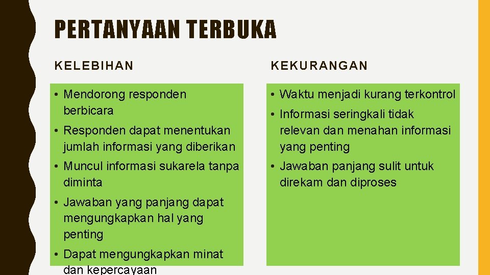 PERTANYAAN TERBUKA KELEBIHAN KEKURANGAN • Mendorong responden berbicara • Waktu menjadi kurang terkontrol •