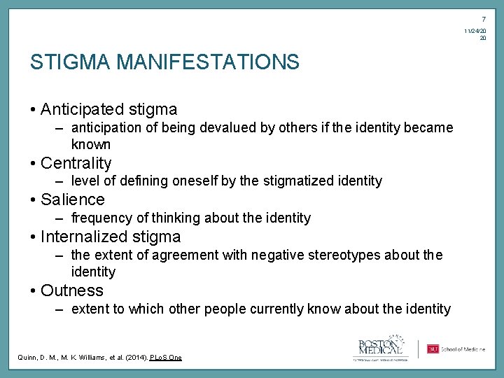 7 11/24/20 20 STIGMA MANIFESTATIONS • Anticipated stigma – anticipation of being devalued by