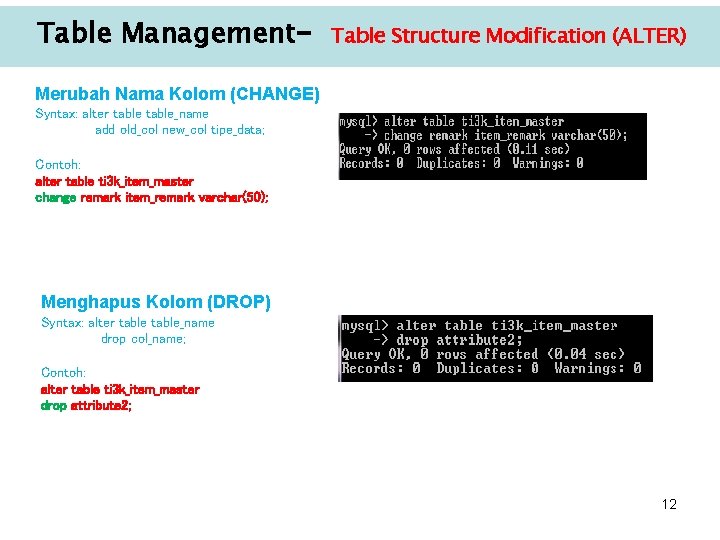 Table Management– Table Structure Modification (ALTER) Merubah Nama Kolom (CHANGE) Syntax: alter table_name add Table Management– Table Structure Modification (ALTER) Merubah Nama Kolom (CHANGE) Syntax: alter table_name add