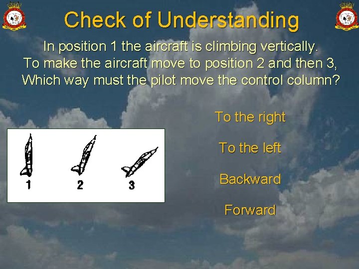 Check of Understanding In position 1 the aircraft is climbing vertically. To make the