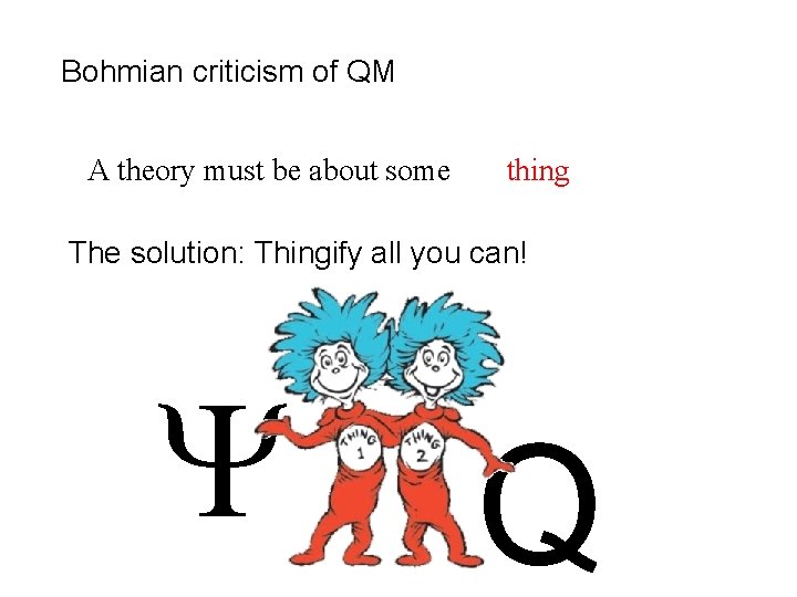 Bohmian criticism of QM A theory must be about some thing The solution: Thingify