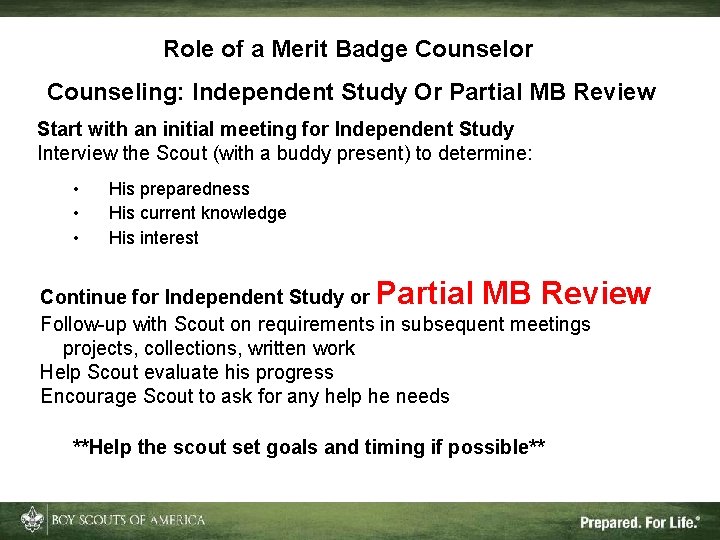 Role of a Merit Badge Counselor Counseling: Independent Study Or Partial MB Review Start