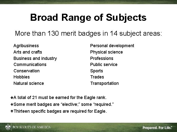 Broad Range of Subjects More than 130 merit badges in 14 subject areas: Agribusiness