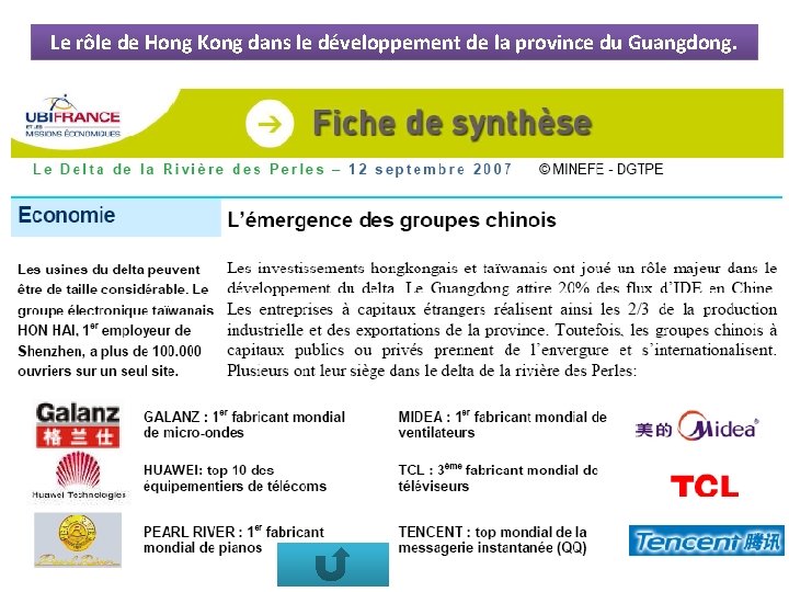 Le rôle de Hong Kong dans le développement de la province du Guangdong. A