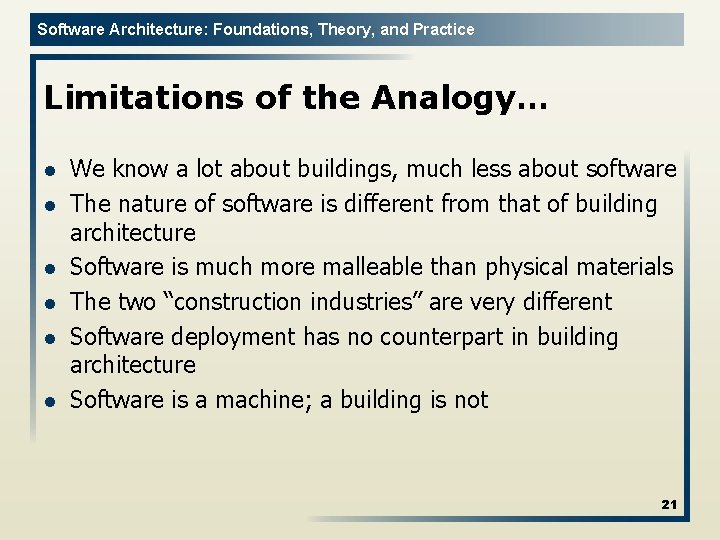 Software Architecture: Foundations, Theory, and Practice Limitations of the Analogy… l l l We