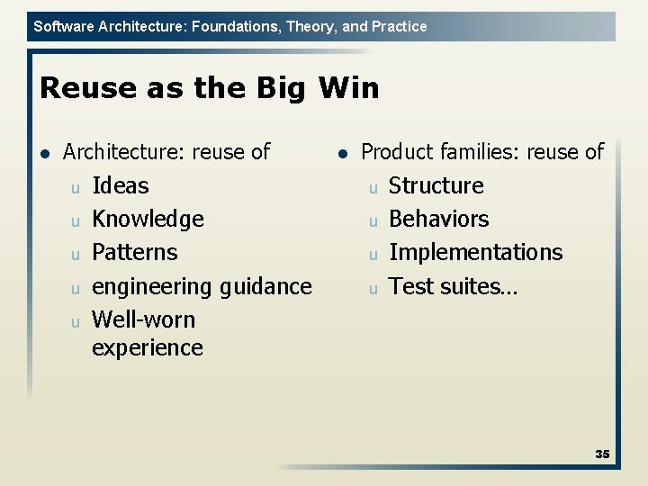 Software Architecture: Foundations, Theory, and Practice Reuse as the Big Win l Architecture: reuse