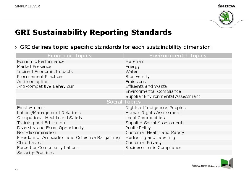 GRI Sustainability Reporting Standards GRI defines topic-specific standards for each sustainability dimension: Economic Topics